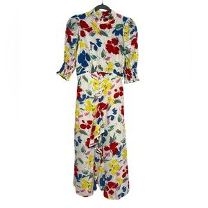 RIXO Size 0 Multicolor Floral Puff Sleeve Midi Dress Ruffle Front